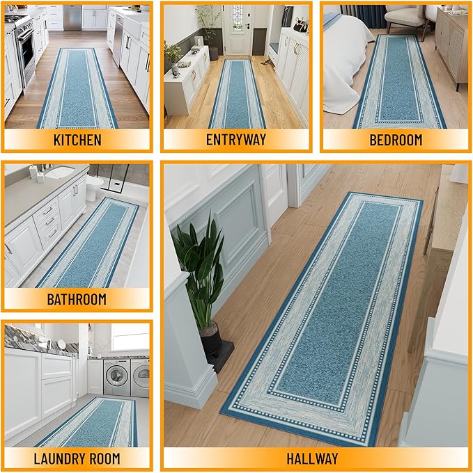 Ottomanson Hallway Runner Rug 2'7" x 9'10" Non Slip Border Area Rugs Easy to Clean Laundry Rug Runner Durable & Pet Friendly Floor Carpet Runners for Hallways Entryway Living Room Kitchen, Turquoise