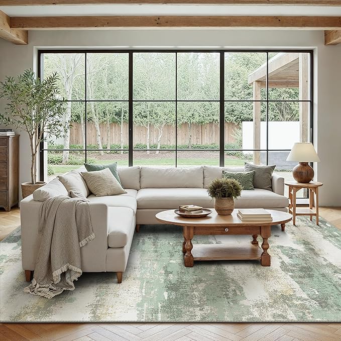 Area Rugs 10x12 for Living Room Bedroom, Modern Abstract Machine Washable Rug, Large Soft Low Pile Floor Carpet with Non Slip Backing for Dining Room, Light Green