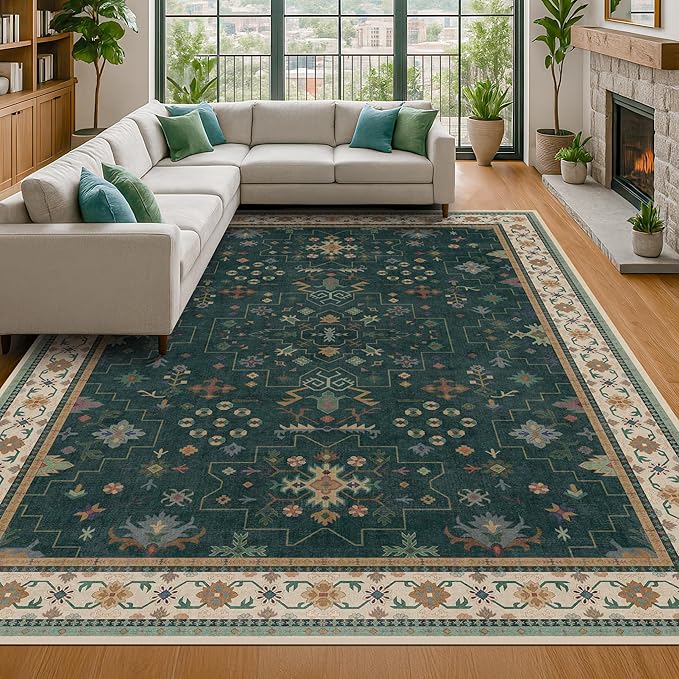 Dark Green Vintage 8x10 Washable Rugs for Living Room - Dark Academia Victorian Floral Geometric Bedroom Rug, Ultra Soft Thin Low Pile Non-Slip Large Rugs for Dining Room Under Table Lounge