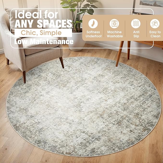 Round Rug 5ft Circle Rug Washable: Carpet Small Circular Area Rug for Entryway Kitchen Bedroom Dining Room Living Room 5 Feet Abstract College Dorm Non Slip Low Pile Beige Brown