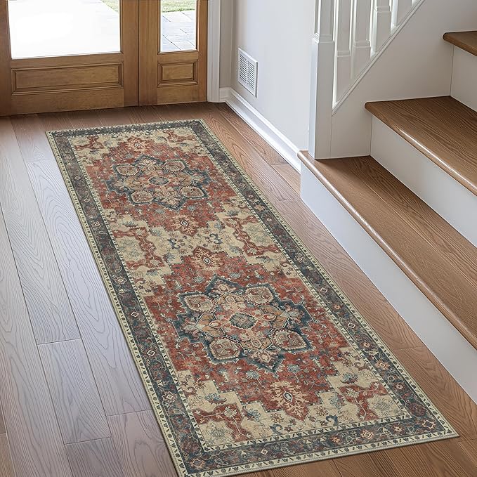 GENIMO 2x7 Runner Rugs for Hallway, Machine Washable Non Slip Vintage Rugs, Low Pile Lightweight Soft Print Rug for enrtyway, Corridor, Home Office, Kitchen, Bordeaux