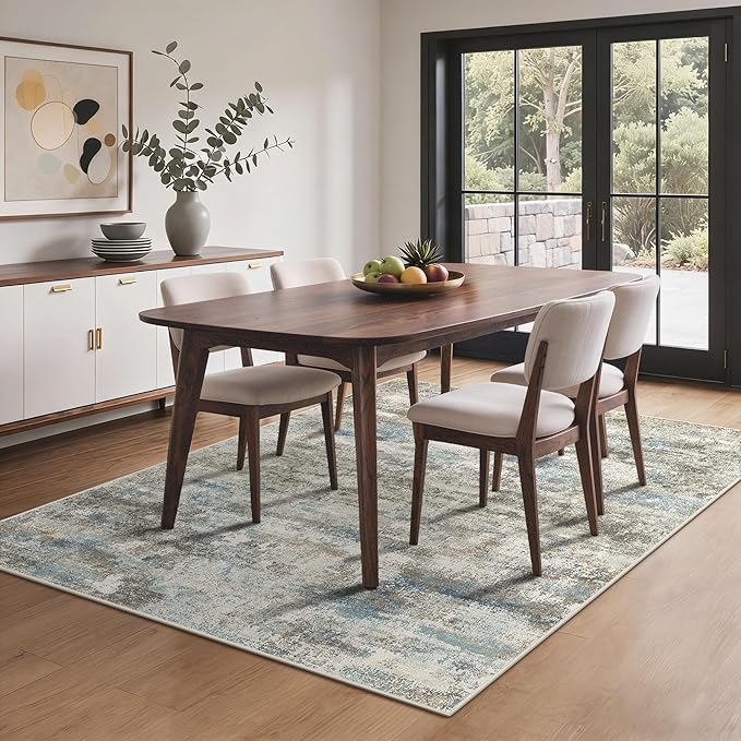 Area Rugs 5x7 for Living Room Bedroom, Modern Abstract Machine Washable Rug, Large Soft Low Pile Floor Carpet with Non Slip Backing for Dining Room, Blue/Taupe