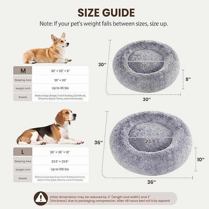 Donut Dog Bed Medium Size Dog 36 Inch, Round Cat Beds for Small Medium Dogs and Cats with Washable Fluffy Faux Fur, Cute Comfort Pet Bed with Anti-Slip Bottom, Grey