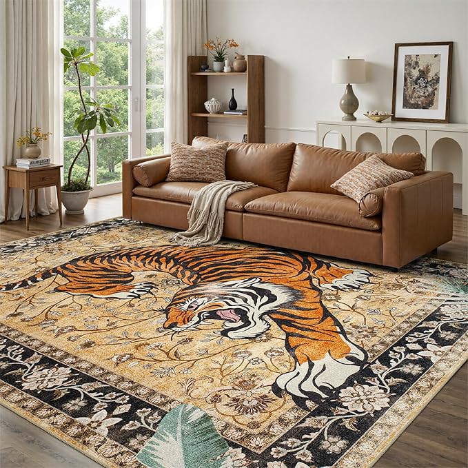 DCX Washable 8x10 Tiger Area Rug, Brown Vintage Animal Rug for Living Room, Soft Low Pile Carpet, Kid & Pet Friendly with Rubber Back Non Slip, Stain Resistant Rug for Bedroom Dining Room Office