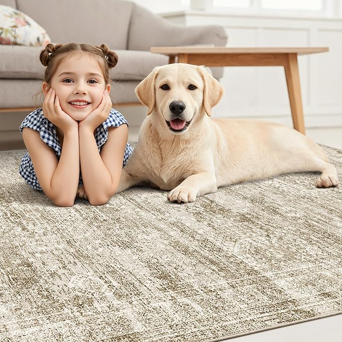 9x12 Area Rugs for Living Room, Non Slip Machine Washable Vintage Rugs, Low Pile Lightweight Large Rug for Bedroom, Dining Room, Home Office Brown