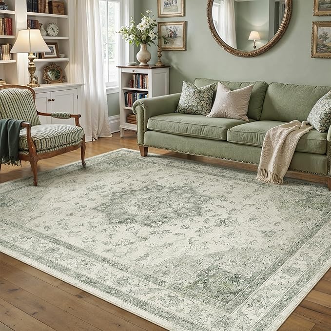 Green Area Rug 5x7 Washable Living Room Carpet Vintage Non Slip Soft Bedroom Indoor Office Retro Low Pile Thin Oriental Medallion Large Rug for Dining Room Bathroom Kitchen
