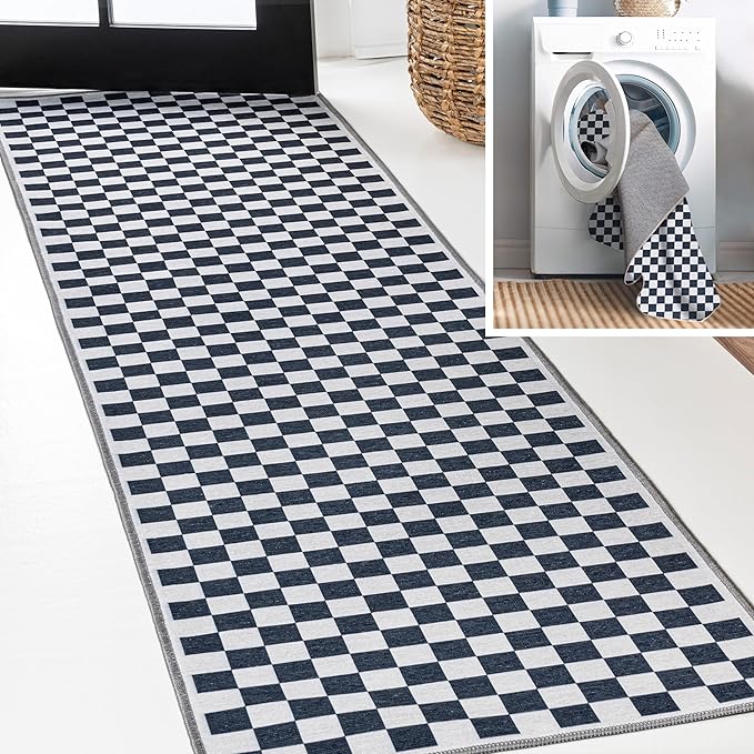 JONATHAN Y Machine Washable Dark Blue/White Runner Rug 2X8 ft, Ainsley Modern Cottage Checkerboard for Living Room, Bedroom, Kitchen, Office, Easy-Cleaning, Pet-Friendly, Non-Shedding WSH126C-28