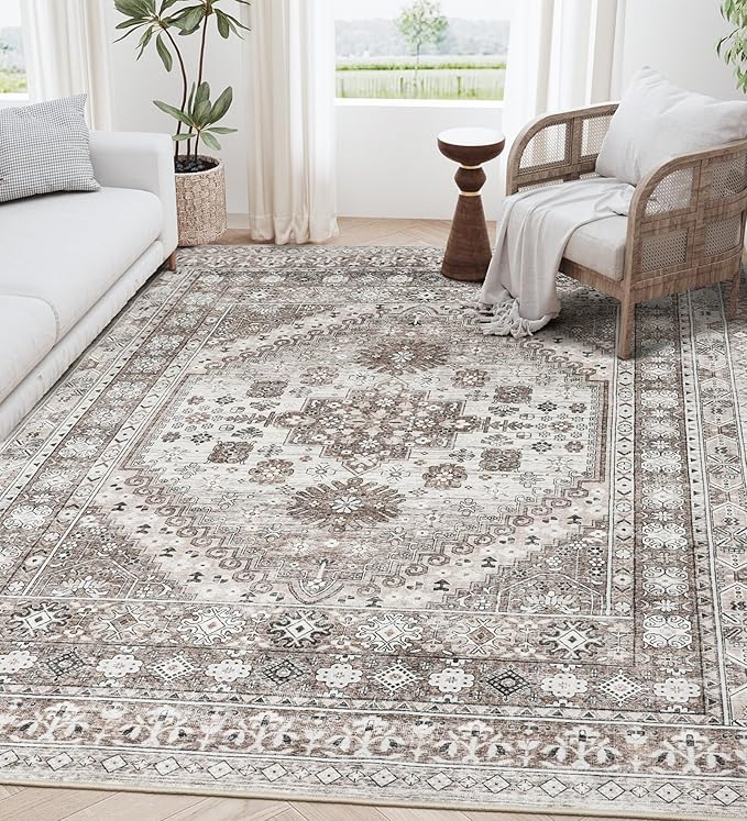 5x7 Area Rugs for Living Room,Stain Resistant Washable Rug,Non-Slip Backing Rugs for Bedroom,Kitchen,Printed Vintage Home Decor Rug (Brown/Beige, 5'x7')