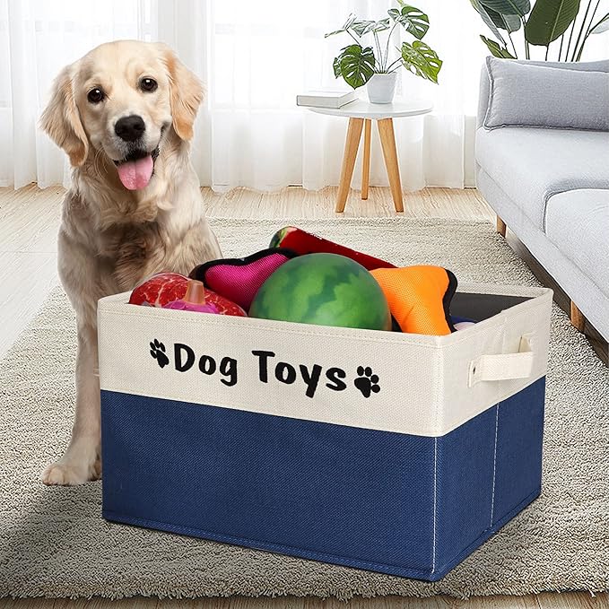 PET ARTIST Dog Toy Basket, Foldable Dog Toy Bin Box for Living Roon Area, Collapsible Storage Basket with Comfortable Handles for Pet Coat, Accessories, Navy Blue, 15"x11"x9"
