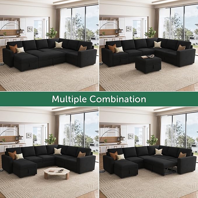 HONBAY Sectional Sleeper Couch with Pull Out Bed, U Shaped Sectional Sofa with Storage, Modular Velvet Sectional Couches for Living Room, Black
