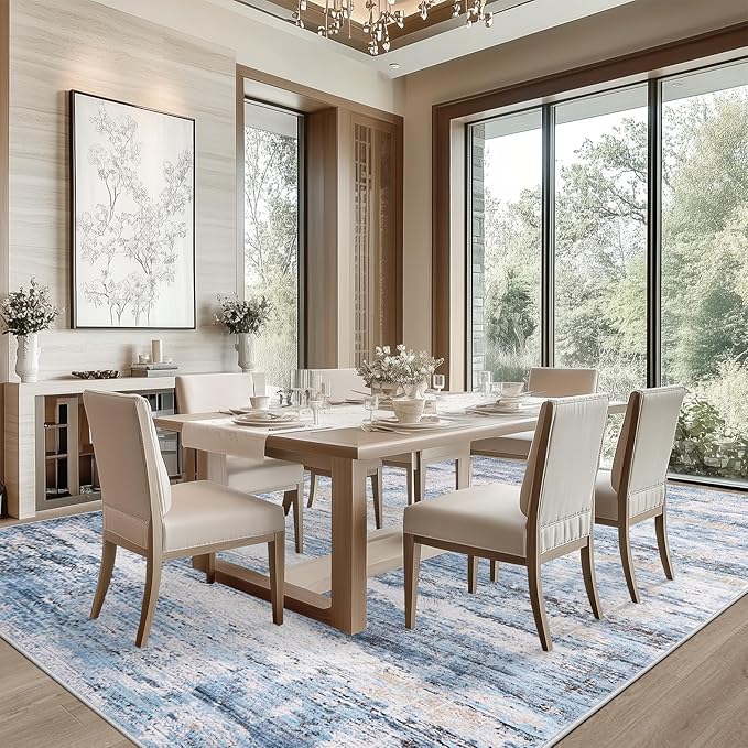 6x9 Area Rug Living Room Rugs - Washable Rug Large Modern Abstract Soft Thin Carpets Indoor Floor No Slip Vintage Carpet for Bedroom Under Dining Table Nursery Home Office Decor Blue
