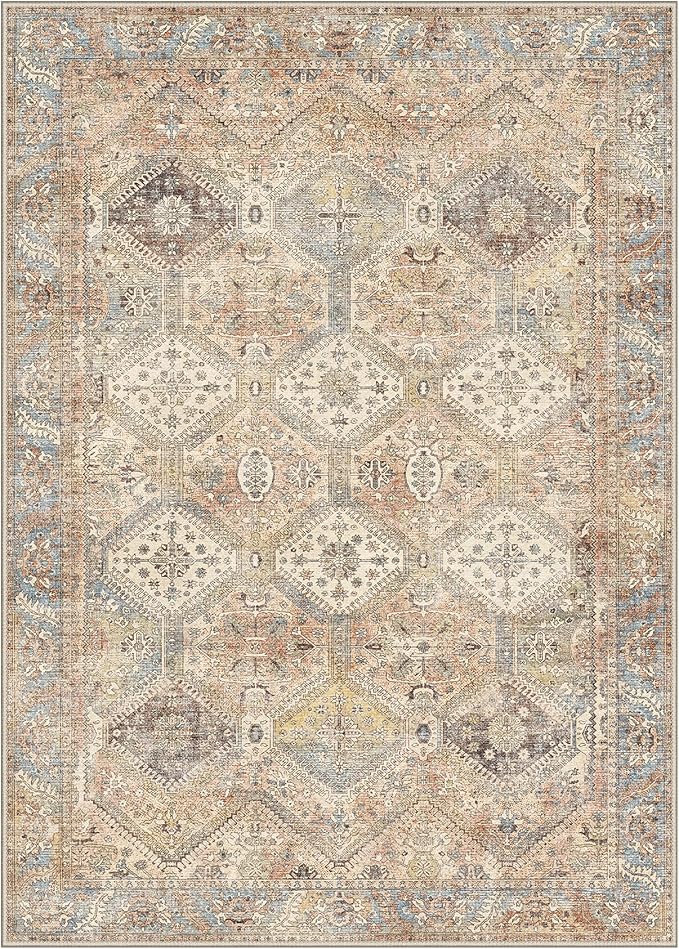 Bavni 8x10 Area Rug Washable Rug for Living Room Bedroom, Vintage Print Carpet, Low Pile Lightweight Mat with Non Slip Backing, Pale Warm Yellow