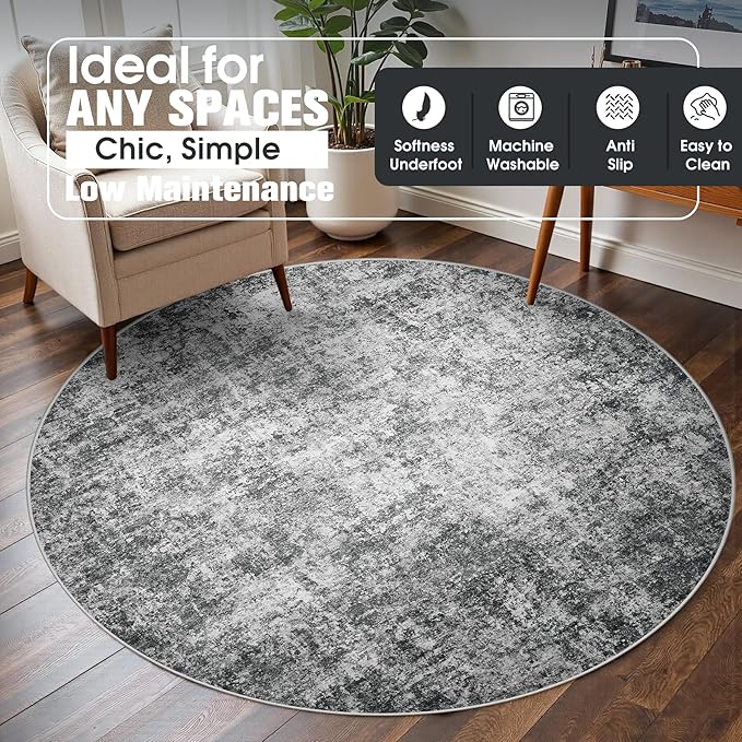 Round Rug 5ft Circle Rug Washable: Carpet Small Circular Area Rug for Entryway Kitchen Bedroom Dining Room Living Room 5 Feet Abstract College Dorm Non Slip Low Pile Black Grey