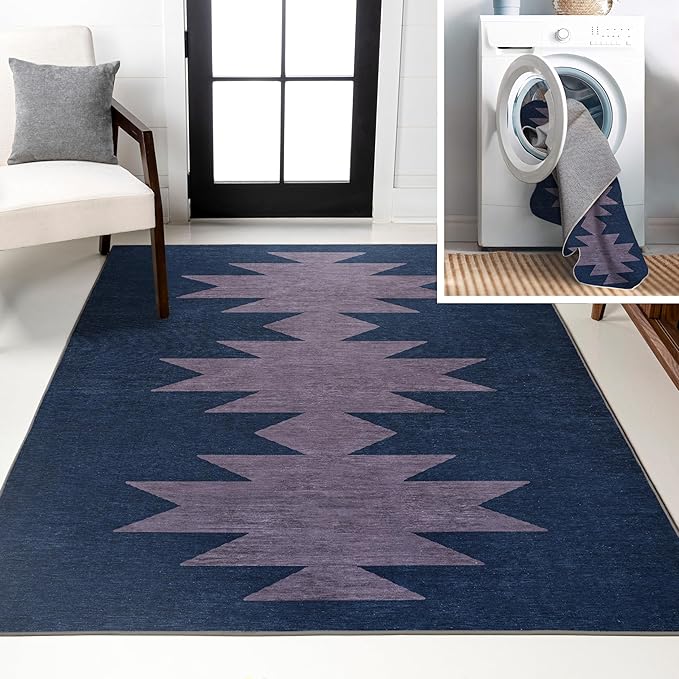 JONATHAN Y Machine Washable Navy/Purple Indoor Area Rug 5X8 ft, Chayton Minimalist Geometric for Living Room, Bedroom, Kitchen, Office, Easy-Cleaning, Pet-Friendly, Non-Shedding WSH110F-5