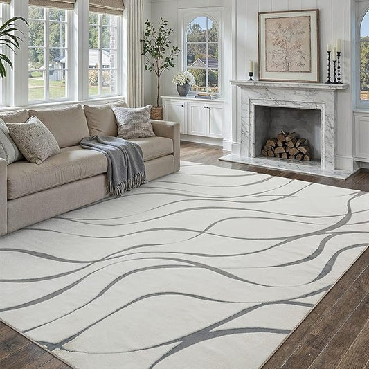 HUGEAR Shag Area Rug 6x9 Grey & Ivory Washable Living Room Bedroom Rug Non Slip Non-Shedding Soft Plush Medium Pile Large Throw Carpet for Home Office Aesthetic Modern Decor