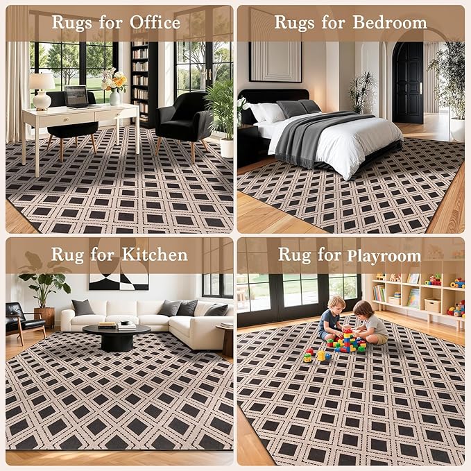 LBRO2M Checkered Rug 8X10 for Living Room Washable Rugs for Bedroom Office Non Slip Modern Area Rugs Easy Clean, Soft, Stain Resistant Carpet Low Piles Great for Pets and Family (8'X10' Black)