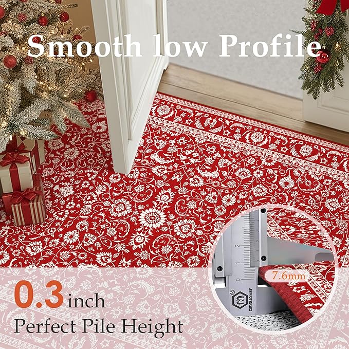HUGEAR Christmas 2x3 Small Rug Machine Washable Area Rug Red Entryway Rugs Entrance Door Mat Indoor Accent Rugs Floral Low Pile Carpet Distressed Throw Rug Kitchen Bedroom Office Non Slip