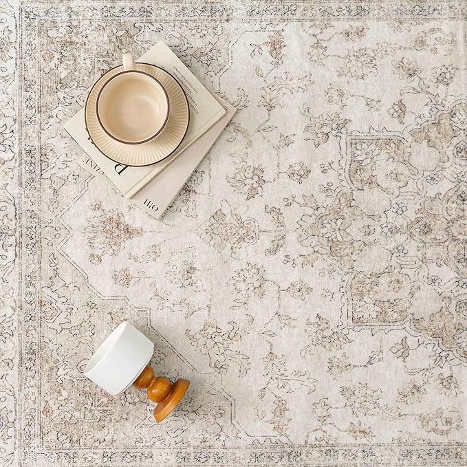 Beige Area Rug 4x6 Washable Vintage Carpet for Office Living Room Soft Retro Low Pile Thin Indoor Rug Non Slip Oriental Medallion Floor Cover for Bedroom Kitchen Dining Room