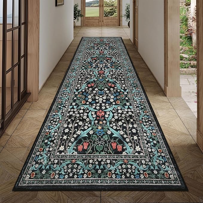 GarveeHome Floral Hallway Runner Rug, 2.5x8 Kitchen Runner Rugs, Washable Non Slip Entryway Rugs Indoor, Ultra-Thin Stain Resistant Carpet Floor Mat for Laundry Room, Black
