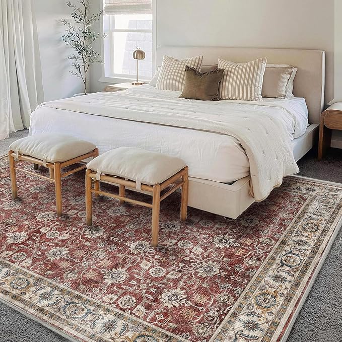 Area Rug 5'x7' Washable Rug Vintage Traditional Floor Cover Thin Retro Kitchen Indoor Distressed Non Slip Carpet for Living Room Bedroom Dining Room