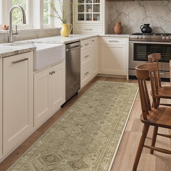 Bavni 2x7 Runner Rugs for Hallways Kitchen, Washable Rug Vintage Print Carpet, Low Pile Lightweight Mat with Non Slip Backing, Light Brown