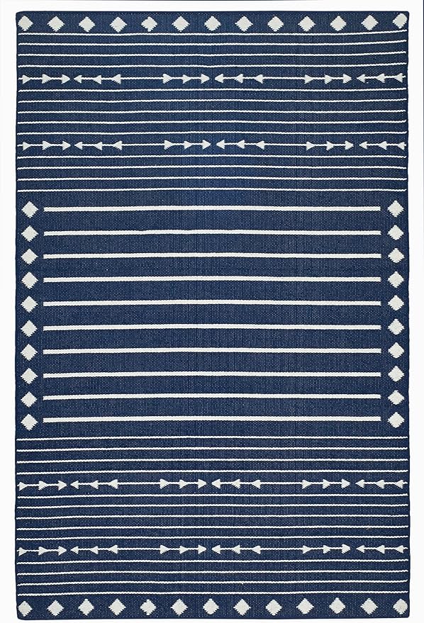 Fab Habitat Machine Washable Area Rug - Hand Woven, Stain Resistant, Pet Friendly, Reversible - Premium Recycled Polyester Yarn - Aztec, Kilim - Bedroom,Living Room - Flagstaff - Navy/White - 4 x 6 ft