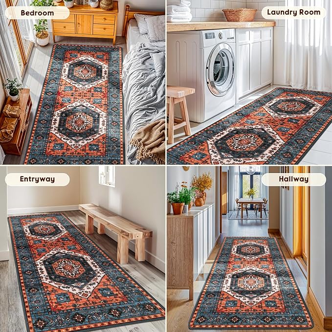 LBRO2M Boho Washable Runner Rug 2'6“X8’ Washable Hallway Runner Rugs Non Slip Low Piles Rugs, Soft, Area Rug Runners for Hallways, Bedroom, Kitchen Laundry Room (2'6"X8', Multi Rust)