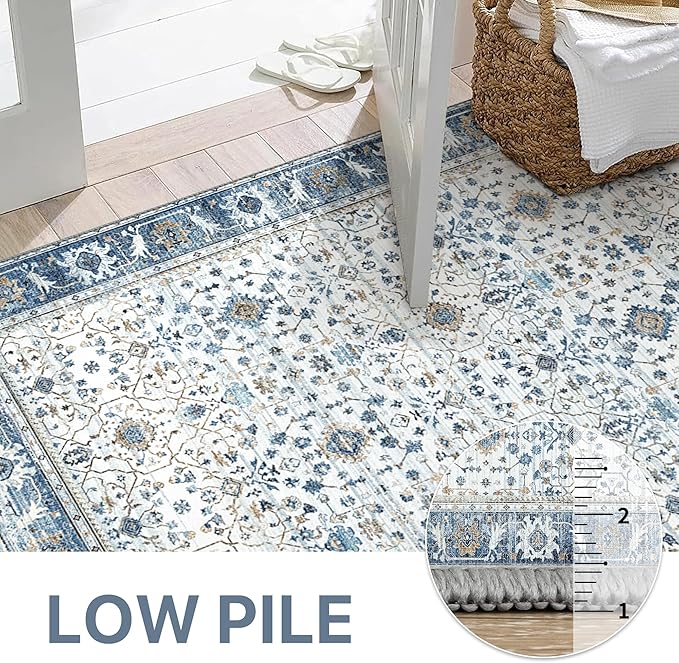 GENIMO Machine Washable 6x9 Area Rugs for Living Room, Non Slip Vintage Rugs, Low Pile Lightweight Chenille Print Rug for Bedroom, Dining Room, Home Office, Retro Light Blue