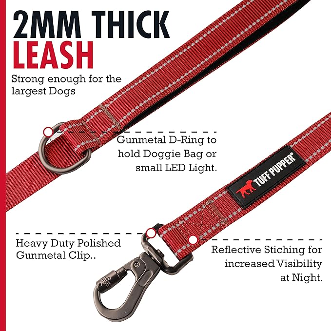 Tuff Pupper Heavy Duty Double Handle Leash - Twist Lock Carabiner Clip for Strong Medium & Large Dogs - Reflective, 6FT