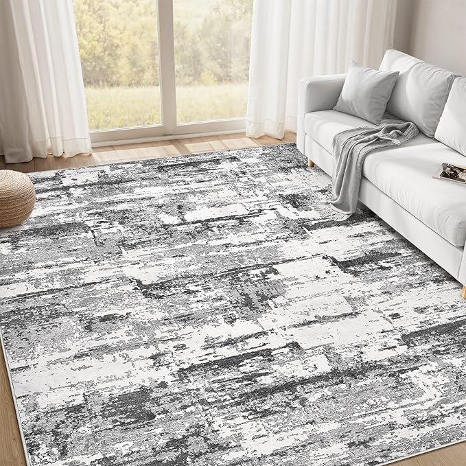 Area Rugs for Living Room: 9x12 Abstract Washable Rug Modern Neutral Large Soft Stain Resistant Non-Slip Backing Machine Table for Bedroom Dining Room Indoor Home Office Carpet - Black Grey