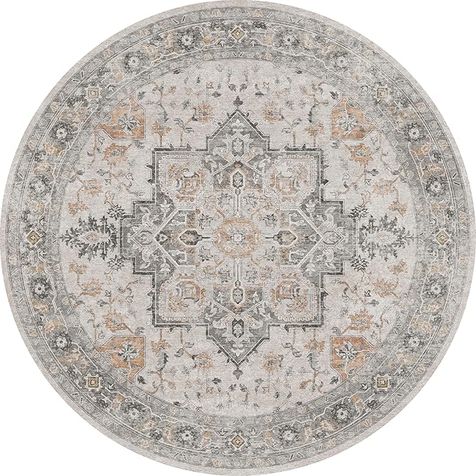 GENIMO 8FT Round Area Rugs for Living Room, Circle Rugs Machine Washable Low Pile, Chenille Non Slip Vintage Rug for Bedroom, Dining Room, Home Office, Light Taupe Brown