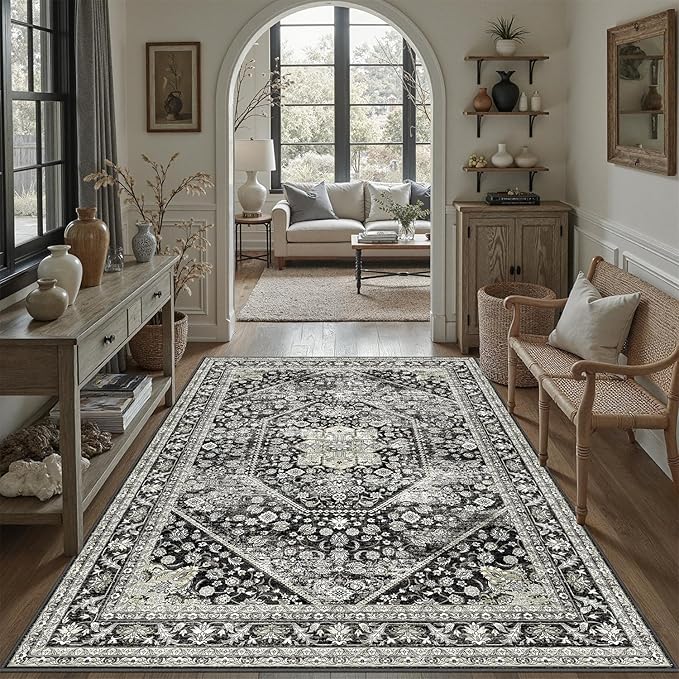 DCX Machine Washable Black Entryway Rug 3x5, Non Slip Stain Resistant Vintage Floral Rug for Kitchen Bathroom Front Door Throw Rugs Indoor, Soft Low Pile Small Rugs for Entry