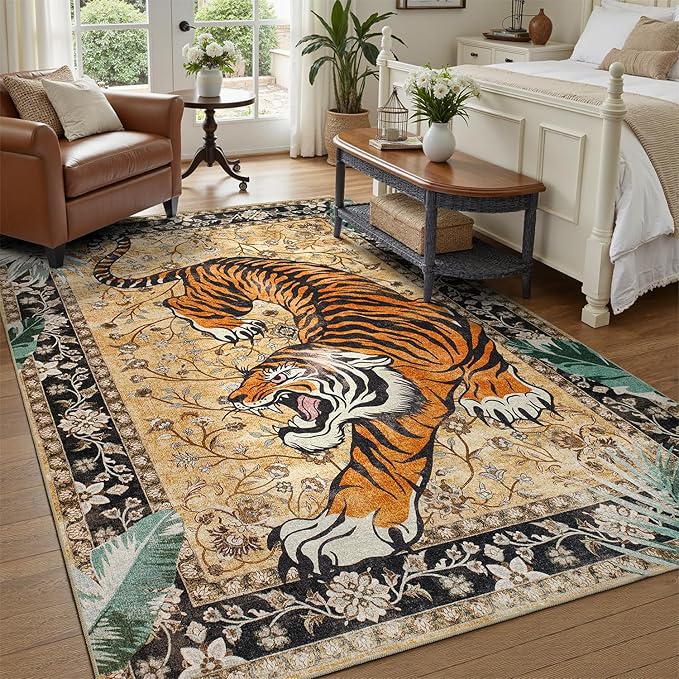 DCX Washable 4x6 Tiger Rug, Brown Vintage Animal Rug for Living Room, Soft Low Pile Carpet, Kid & Pet Friendly with Rubber Back Non Slip, Stain Resistant Rug for Bedroom Dining Room Office