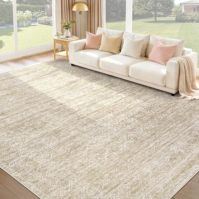 Washable Rug 9x12 Area Rugs: Modern Geometric Rugs for Living Room Non Slip Soft Low Pile Moroccan Indoor Carpet for Bedroom Nursery Dining Room Home Office (Beige, 9'x12')