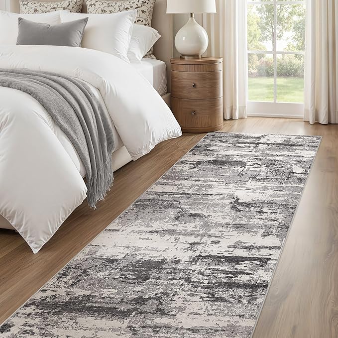 Area Rugs for Living Room: Abstract Washable Rug Modern Neutral Large Soft Stain Resistant Non-Slip Backing Machine Table for Bedroom Dining Room Indoor Home Office Carpet - 3x14 Black Grey