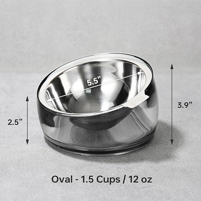 Felli Pet Oblik Spill Proof Dog Food Water Bowl Raised Acrylic Cone, Stainless Steel Tilted Oval Dish Pet Friendly, Slanted Metal Plate Feeder Elevated for Small Medium Size Dog (1.5Cup, Smoky)