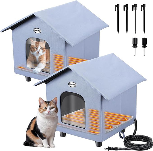 Dreyoo 2 Pack Heated Cat House Weatherproof, Winter Outdoor Tent with Heated Bed, Foldable Warm Shelter with 2 Doors for Feral Cats and Small Animals (Blue)