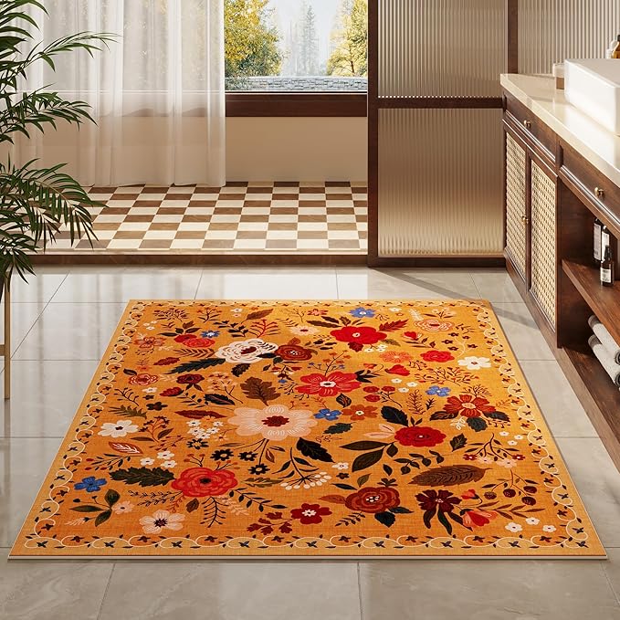 Rugcomf Bedroom Rug 3x5 Rug Washable Area Rug Non Slip Low Pile Boho Floral Small Carpet for Bedroom, Bedside, Kitchen, Entryway, Kids Room, Office, College Dorm Essentials for Girls(Yellow)