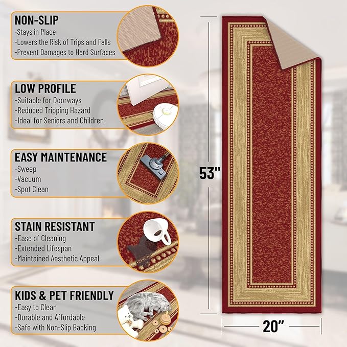 Ottomanson Hallway Runner Rug 20" x 53" Non Slip Border Area Rugs Easy to Clean Laundry Rug Runner Durable & Pet Friendly Floor Carpet Runners for Hallways Entryway Living Room Kitchen Bathroom, Red