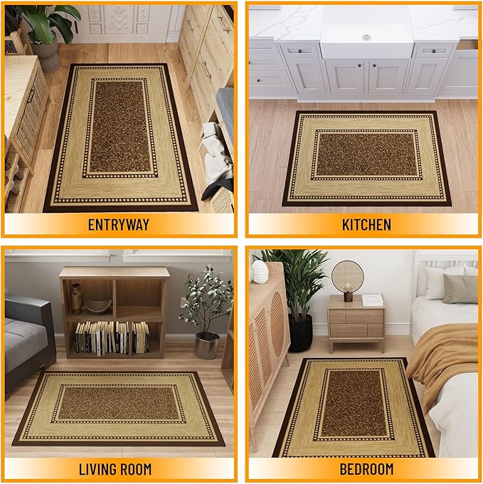 Ottomanson 3'3" x 5' Rugs for Living Room Border Area Rug for Bedroom - Non Slip Durable Large Floor Carpet for High Traffic Areas - Indoor Rug for Dining Room Kitchen Kids Playroom, Brown