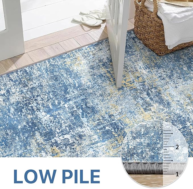 GENIMO Washable Area Rugs for Living Room, 8x10 Modern Non Slip Rugs, Low Pile Lightweight Soft Print Rug for Bedroom, Dining Room, Home Office, Denim Blue