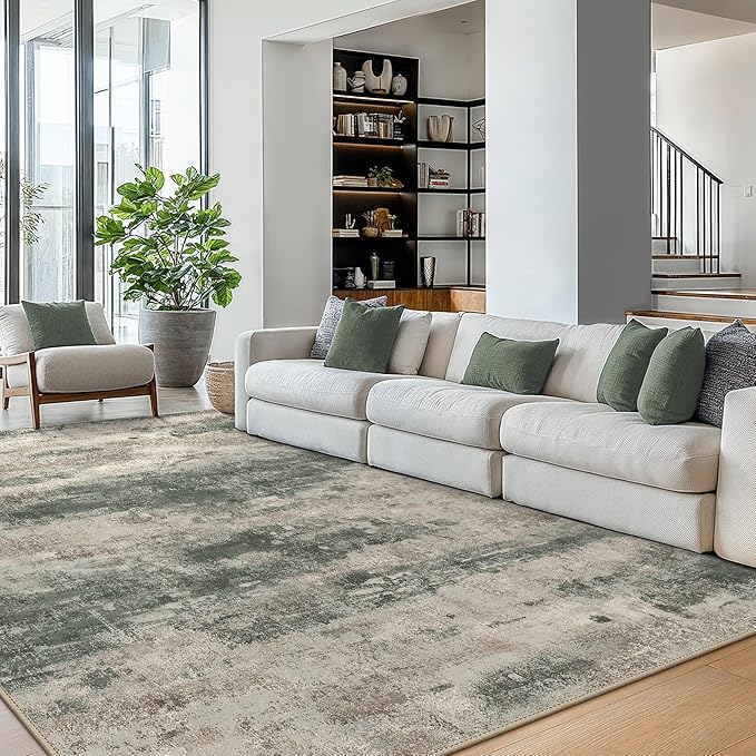Area Rugs 10x14 for Living Room Bedroom, Modern Abstract Machine Washable Rug, Large Soft Low Pile Floor Cover with Non Slip Backing for Dining Room, Grey/Dark Green