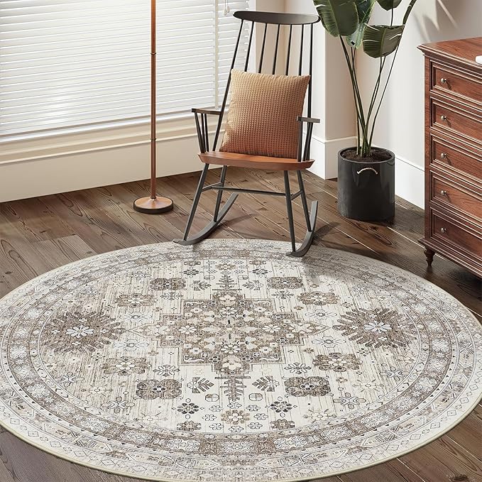 Ultra-Thin Washable 4ft Round Rug - Teal 4x4 Circle Rugs for Living Room, Vintage Dining Room Mat Stain Resistant Nursery Carpet for Bedroom Mudroom Kitchen Apartment Home Office