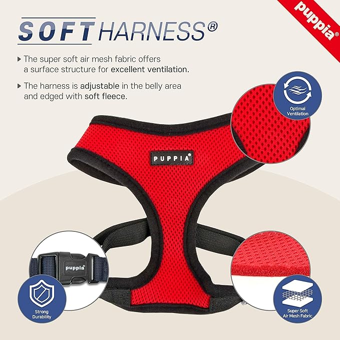 Puppia Soft Dog Harness No Choke Over-The-Head Triple Layered Breathable Mesh Adjustable Chest Belt and Quick-Release Buckle, Purple, Large