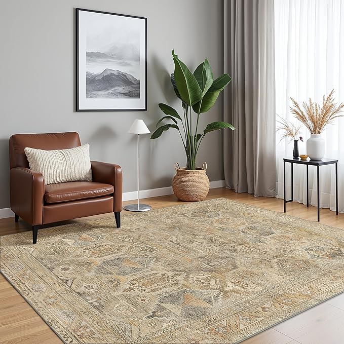 Bavni Washable Rug 5x7 Area Rug for Living Room Bedroom Dining, Washable Vintage Print Carpet, Ultra-Thin Chenille Low Pile Lightweight Rug with Non Slip Backing, Wood