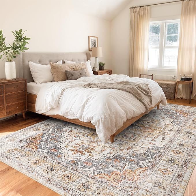 5x7 Area Rugs for Living Room,Stain Resistant Washable Rug,Non-Slip Backing Rugs for Bedroom,Kitchen,Printed Vintage Home Decor Rug (Turmeric/Grey, 5'x7')
