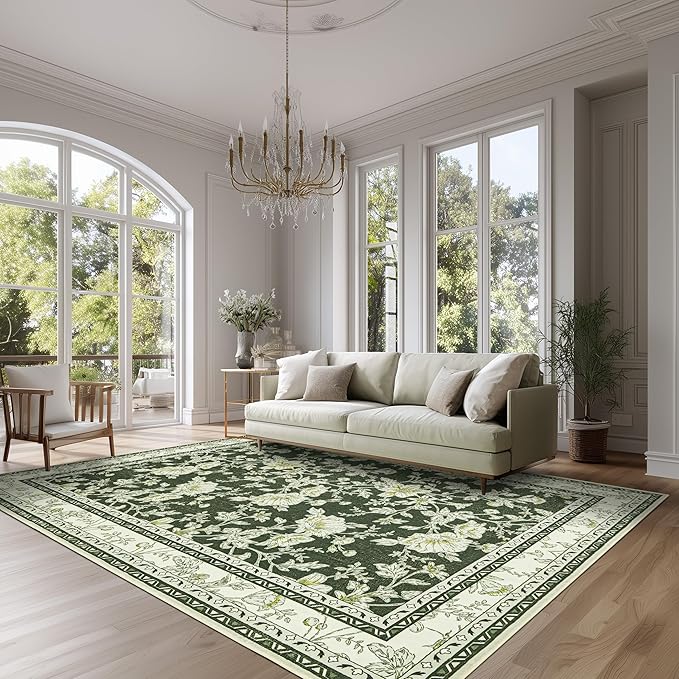 Olive Green Floral Print Area Rugs for Bedroom Living Room Boho Farmhouse Country Rustic Dining Room Carpet Soft Washable Rugs Non Slip Floor Covering for Nursery Playroom 5x7
