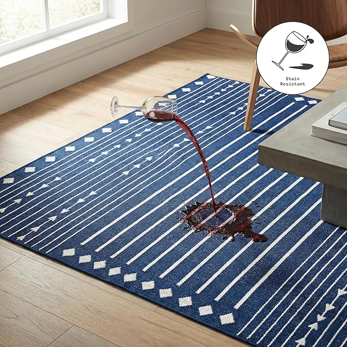 Fab Habitat Machine Washable Area Rug - Hand Woven, Stain Resistant, Pet Friendly, Reversible - Premium Recycled Polyester Yarn - Aztec, Kilim - Bedroom,Living Room - Flagstaff - Navy/White - 4 x 6 ft