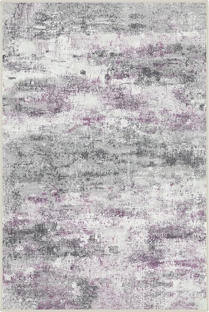 Area Rugs 6x9 for Living Room Bedroom, Modern Abstract Machine Washable Rug, Large Soft Low Pile Floor Carpet with Non Slip Backing for Dining Room, Grey/Purple