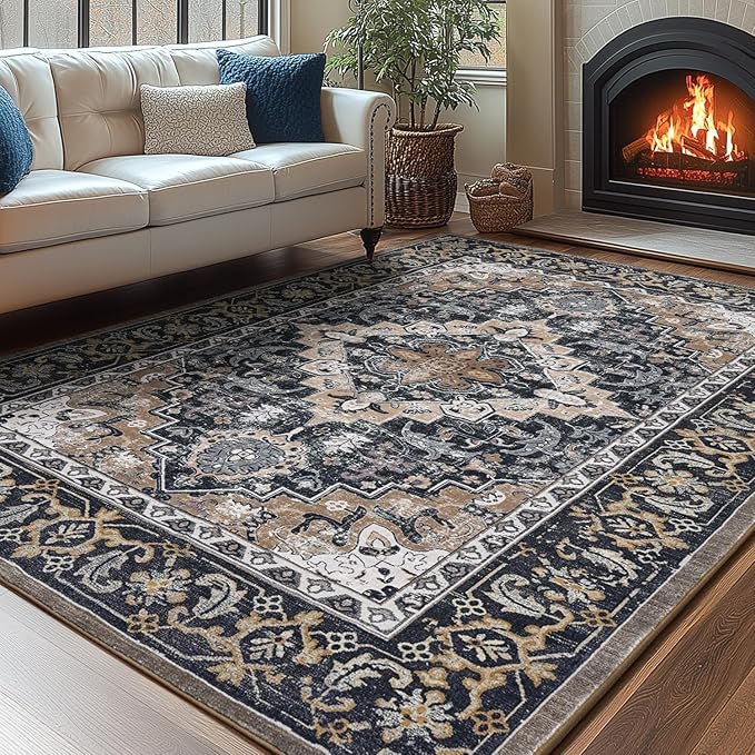 Lessymo Area Rugs 5x8, Machine Washable Area Rug, Super Soft Faux-Wool Area Rugs for Living Room Bedroom Kitchen, Boho Vintage Floral, Non-Slip Low Pile, Kid & Pet Friendly, Black Brown